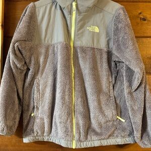 The North Face Girls Gray Faux Fur Woth Lime Green Full Zip Jacket Size XL (18)